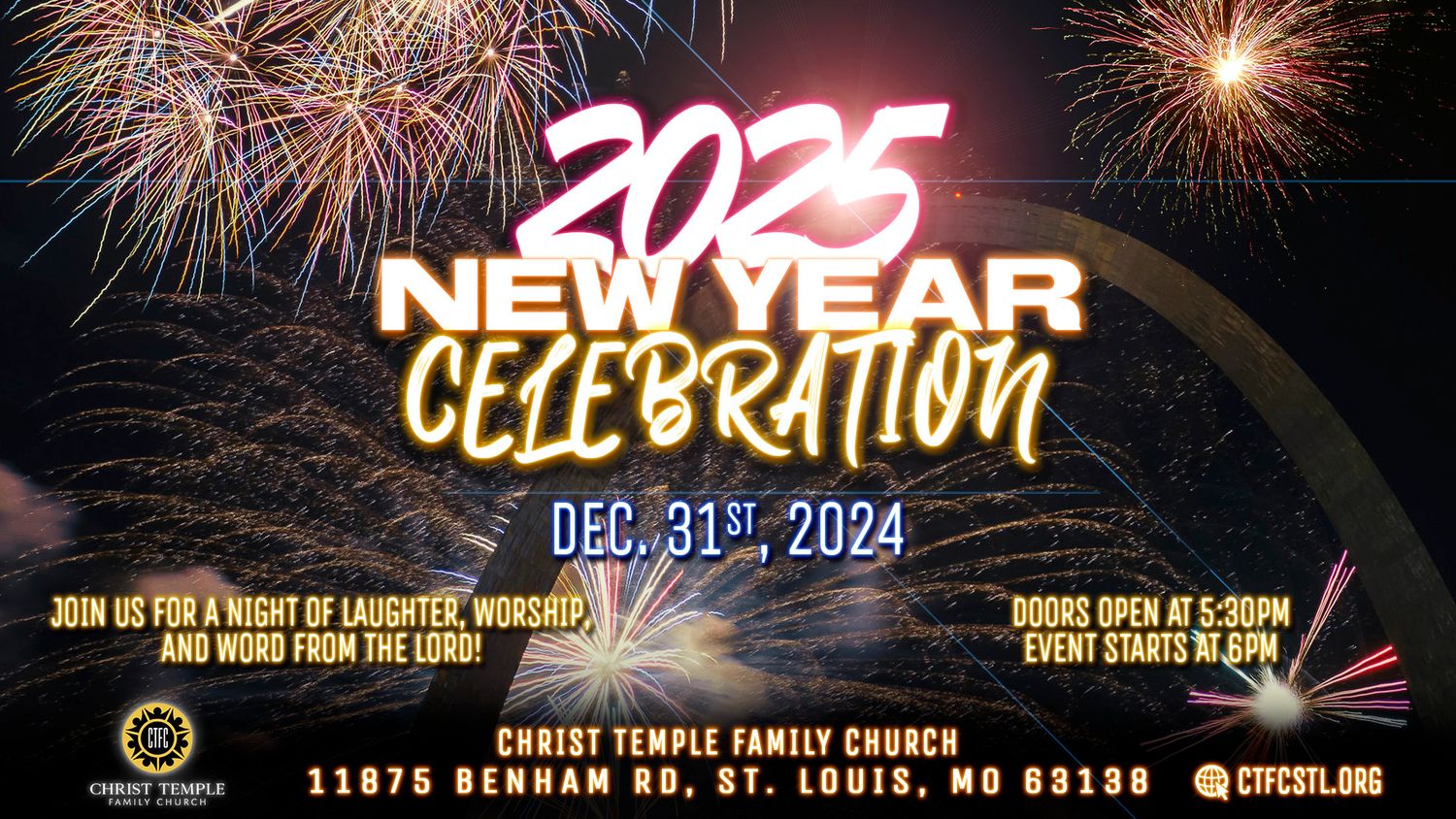 Collage of New Year's Eve 2024 celebration banners with fireworks and event details for multiple venues.