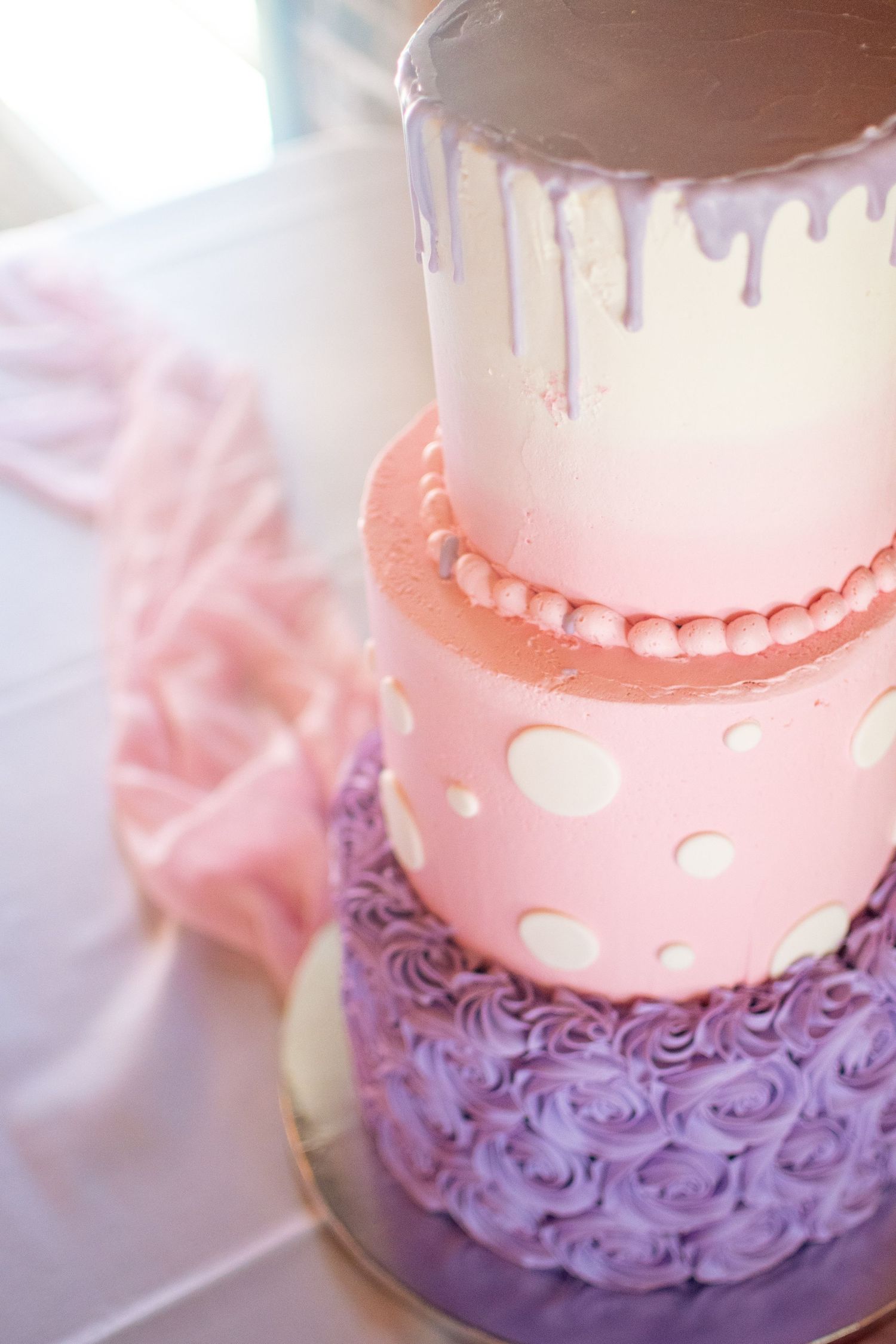 pink and purple birthday cake on a table