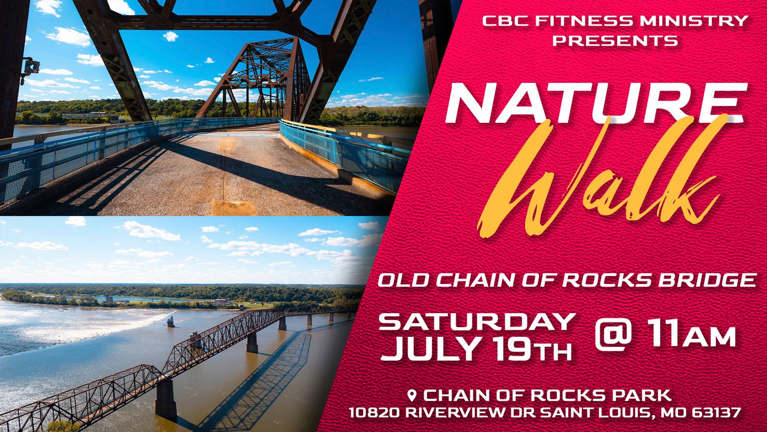 Nature walk event banner with scenic bridge and park location information.