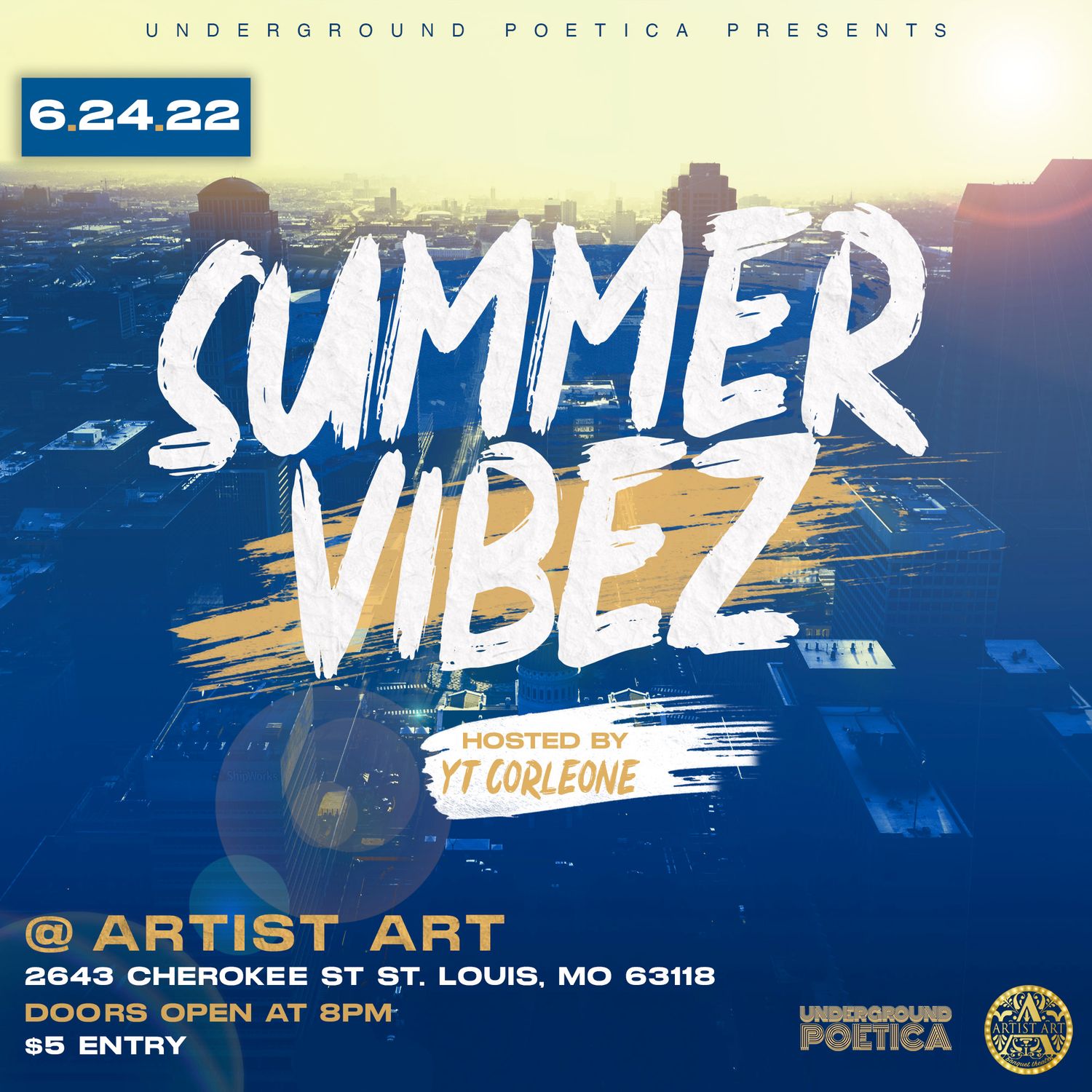 Summer vibes event series posters with artistic beach and sunset themes.