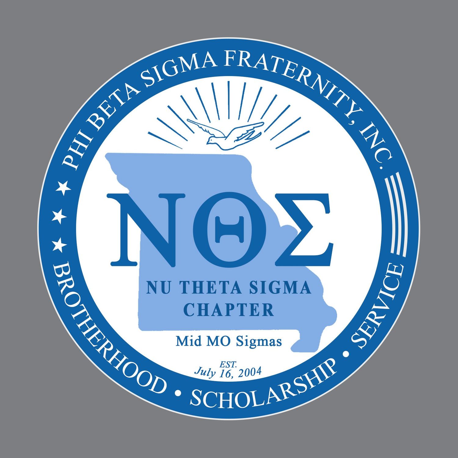 Collection of blue and white fraternity chapter logos and emblems.