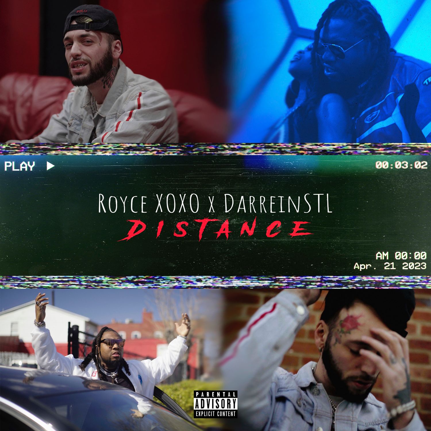 Music video screenshots with distorted effects and text overlays in red and blue lighting.