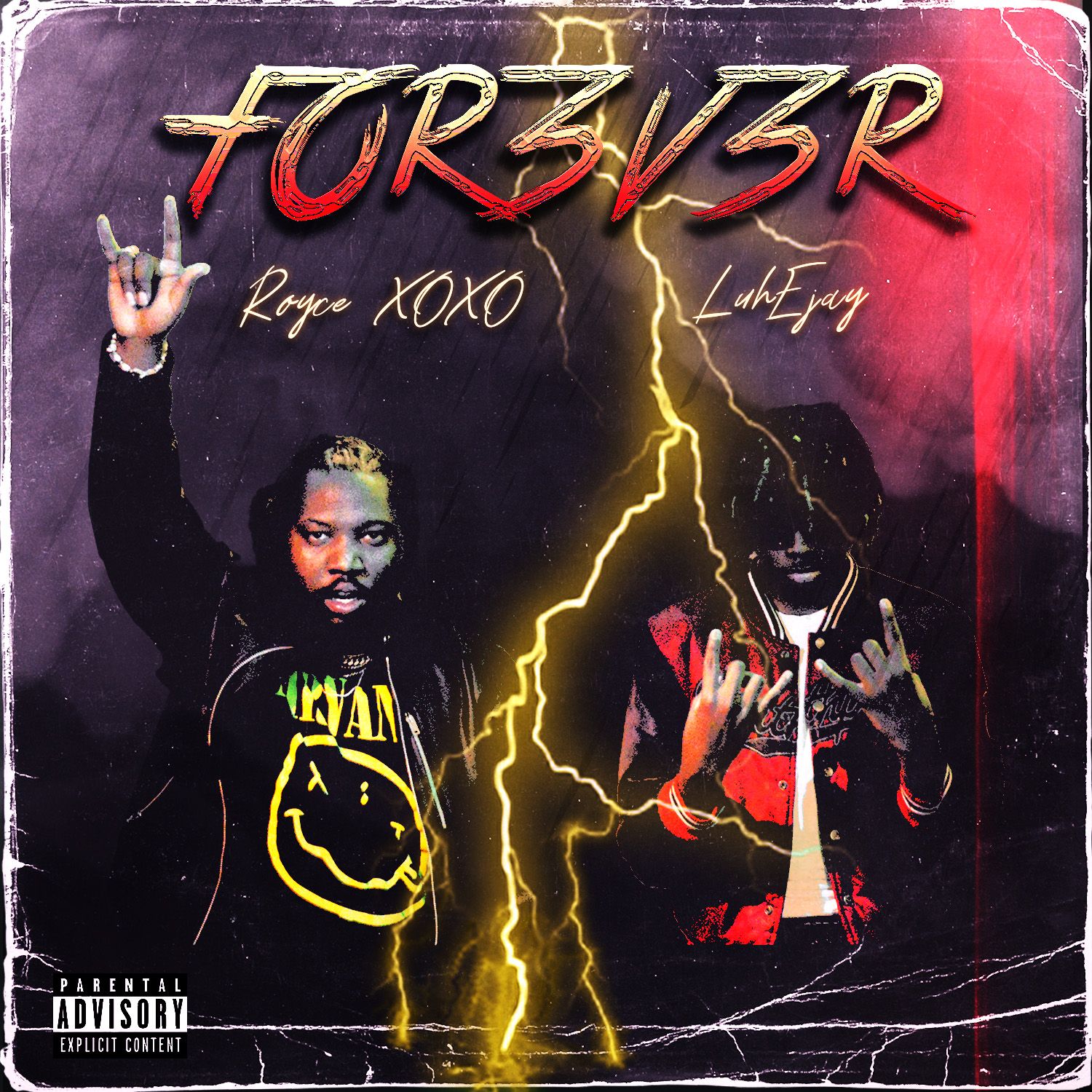 Music album artwork featuring yellow lightning bolts against a dark red and purple background.