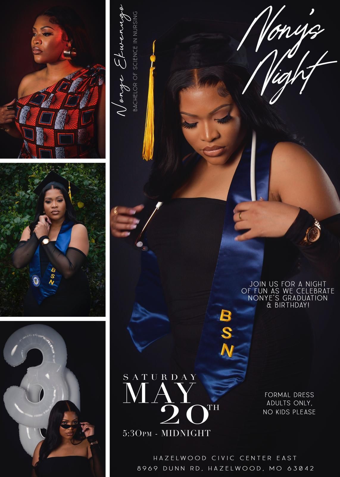 Elegant graduation celebration event flyer in black and blue featuring formal dress code details and venue information.