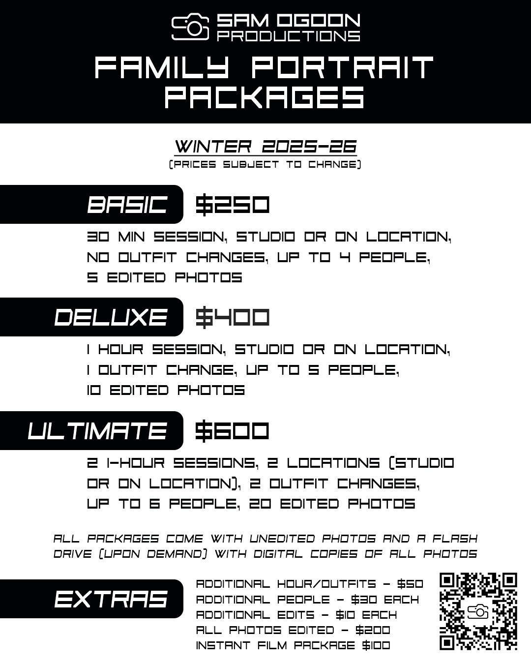 Photography pricing menu showing three tiers - Basic, Deluxe and Ultimate packages with different session options and costs.