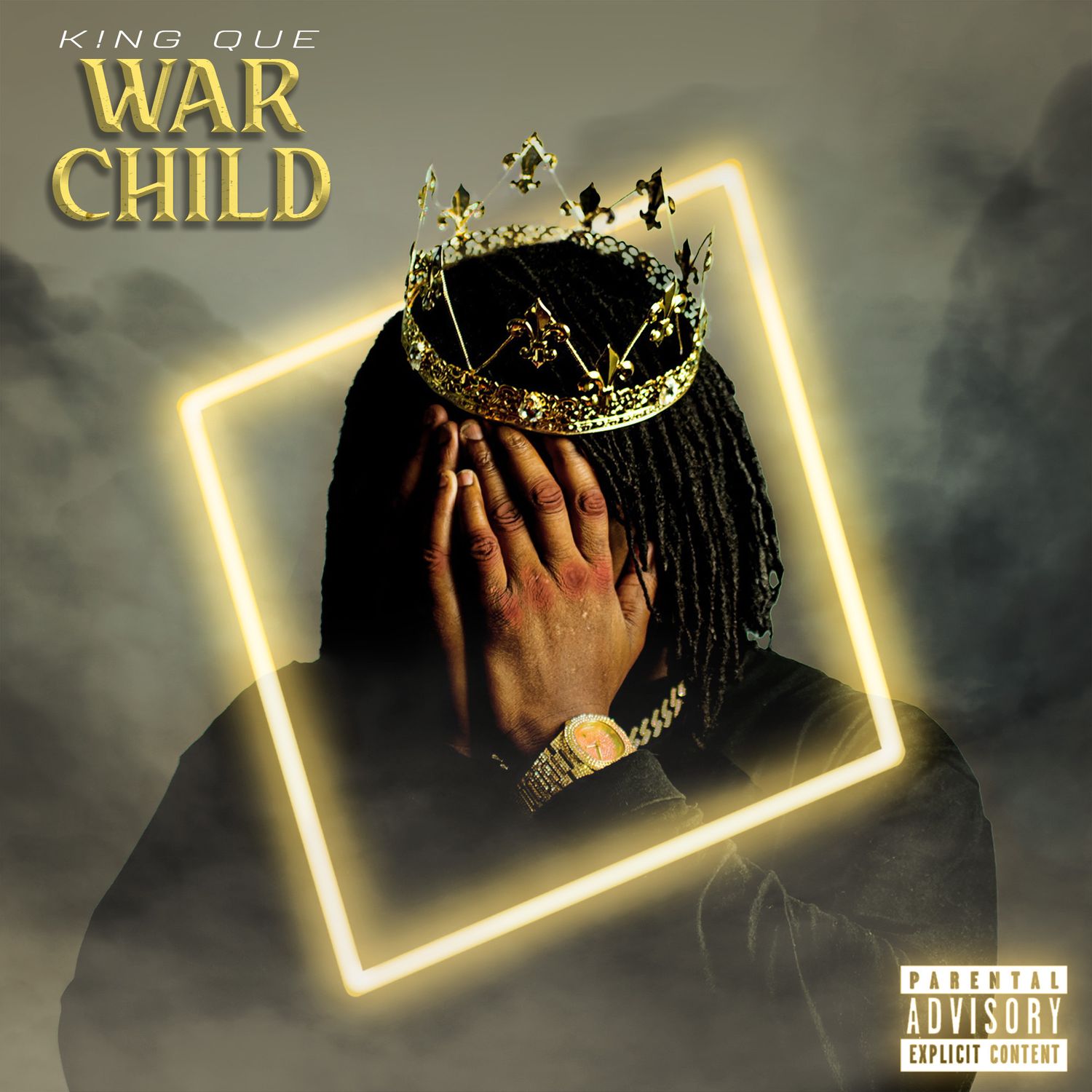 Dramatic album cover with glowing golden square frame against dark cloudy background.