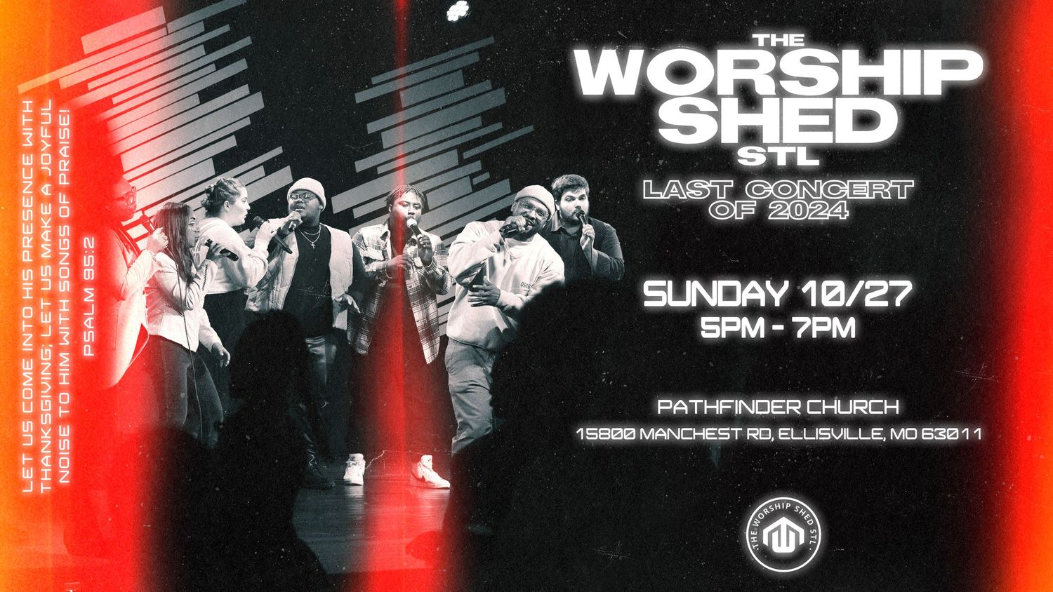 Dramatic red and black worship event banner with gradient effects.
