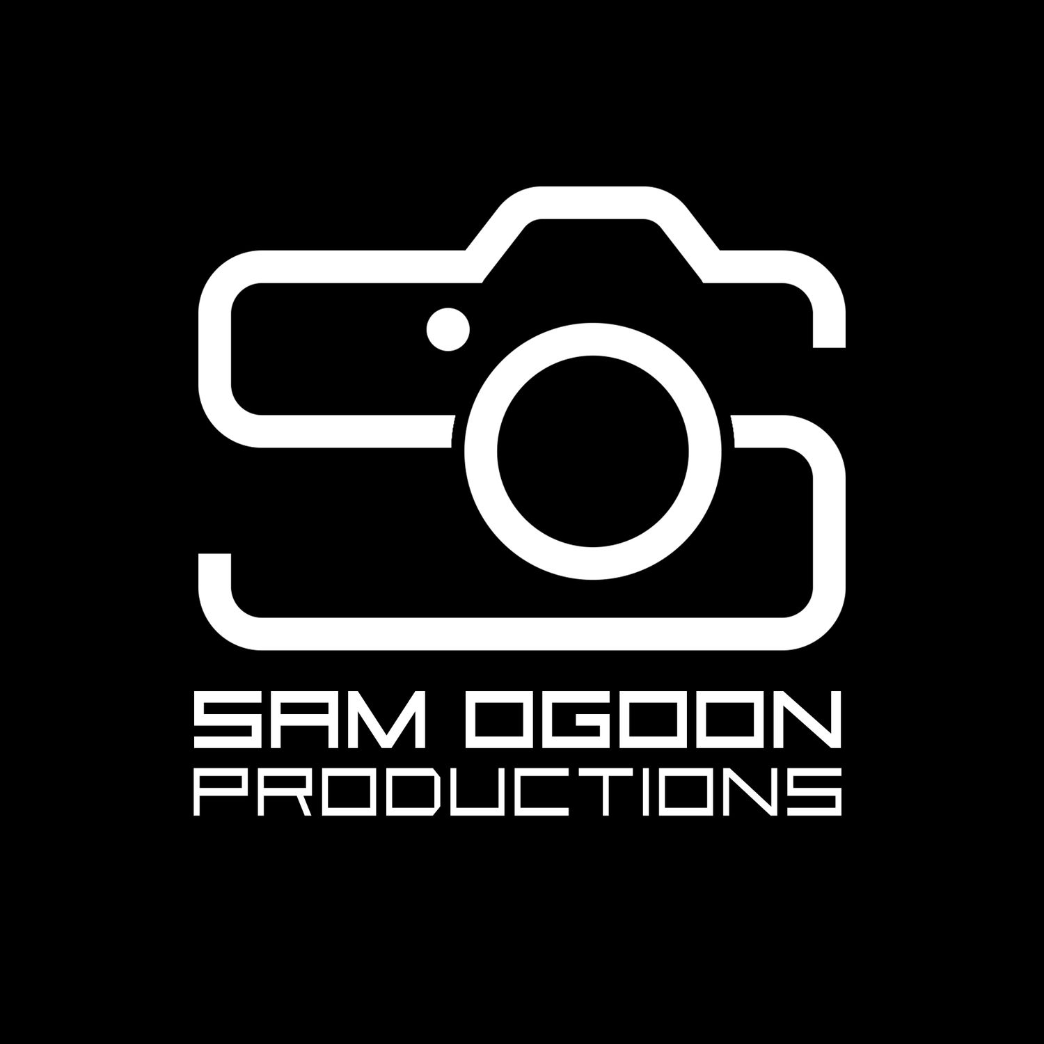 Sam Ogoon Productions logo featuring a white camera icon merged with letter S on black background.