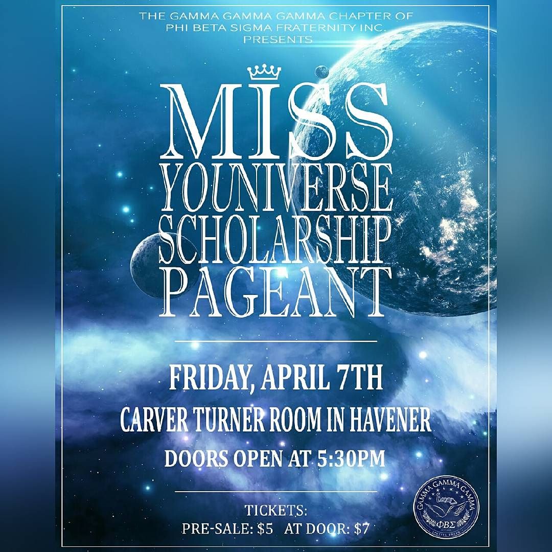 Miss Universe scholarship pageant promotional banner with blue sparkly background and event details.