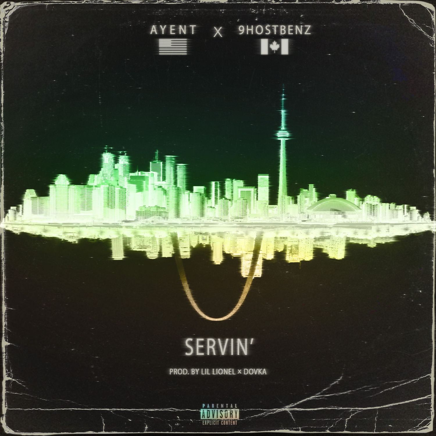 Toronto city skyline silhouette in green gradient on dark background.