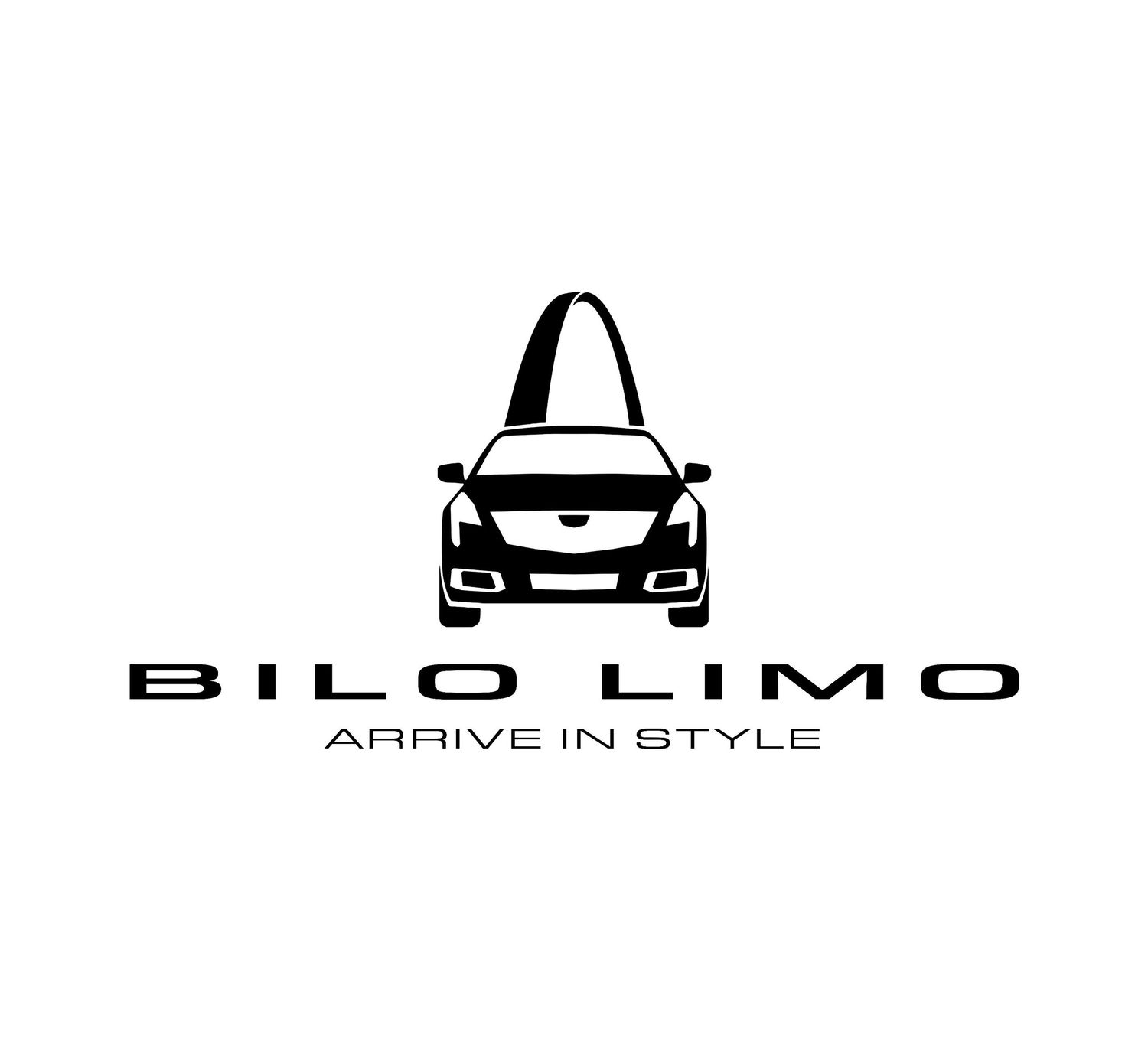 A sleek black car logo design featuring a modern silhouette and text reading 'BILO LIMO' with the tagline 'ARRIVE IN STYLE'.