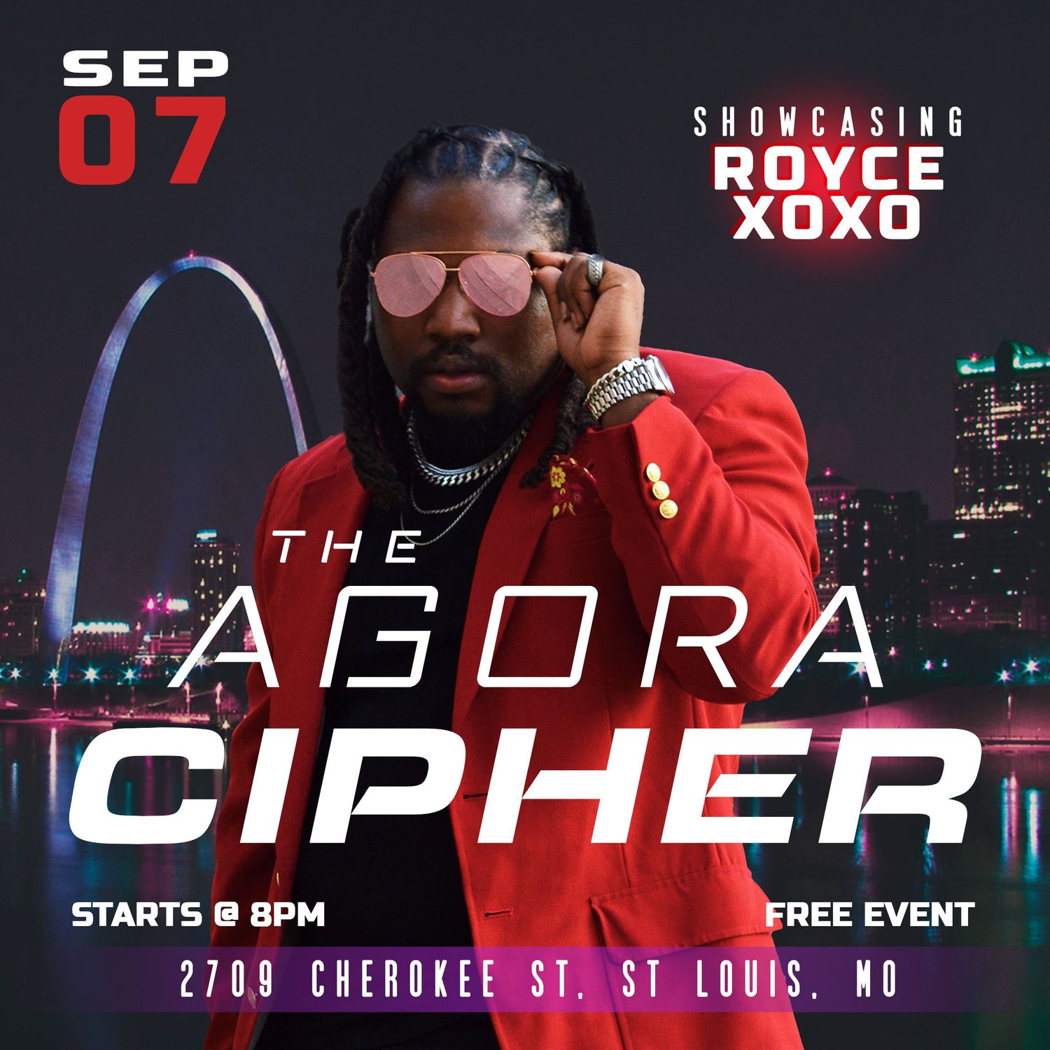 Red and black nightclub event flyer for The Agora Cipher featuring city skyline background.