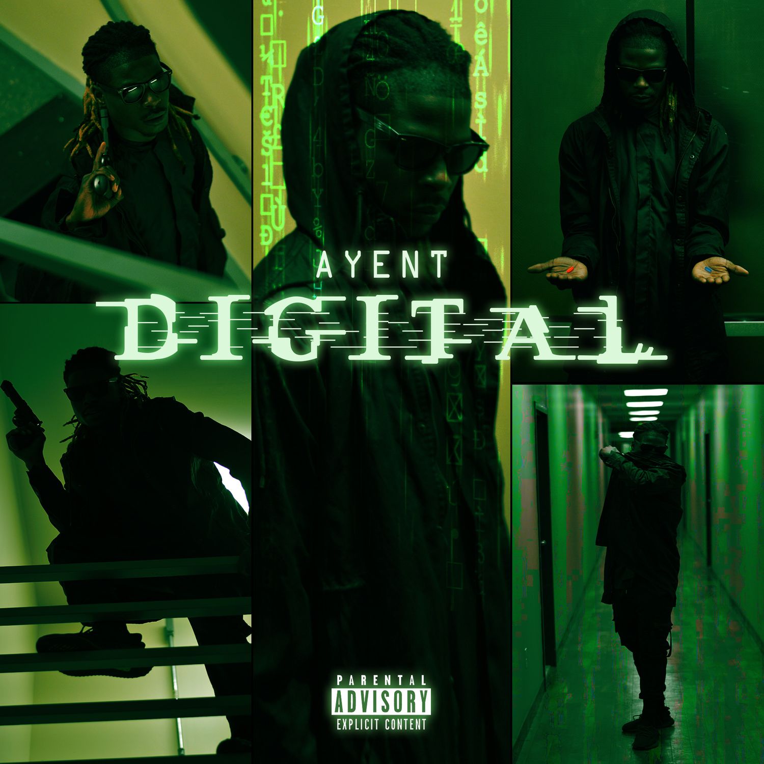 Music album cover art with green digital matrix style aesthetic and dark silhouettes.