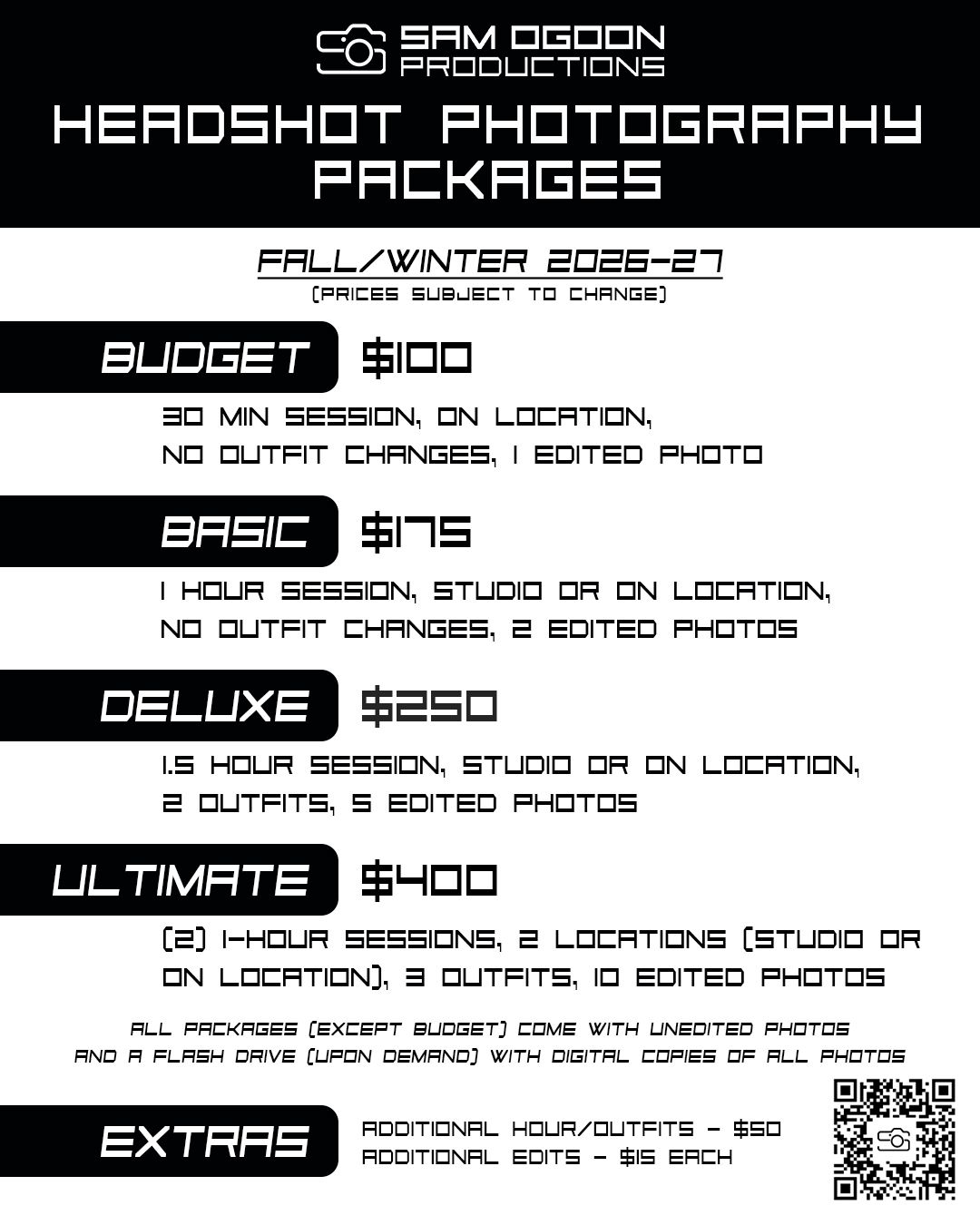 Sam Ogdon Productions headshot photography packages flyer showing Budget,Basic,Deluxe,Ultimate options from $100-$400.