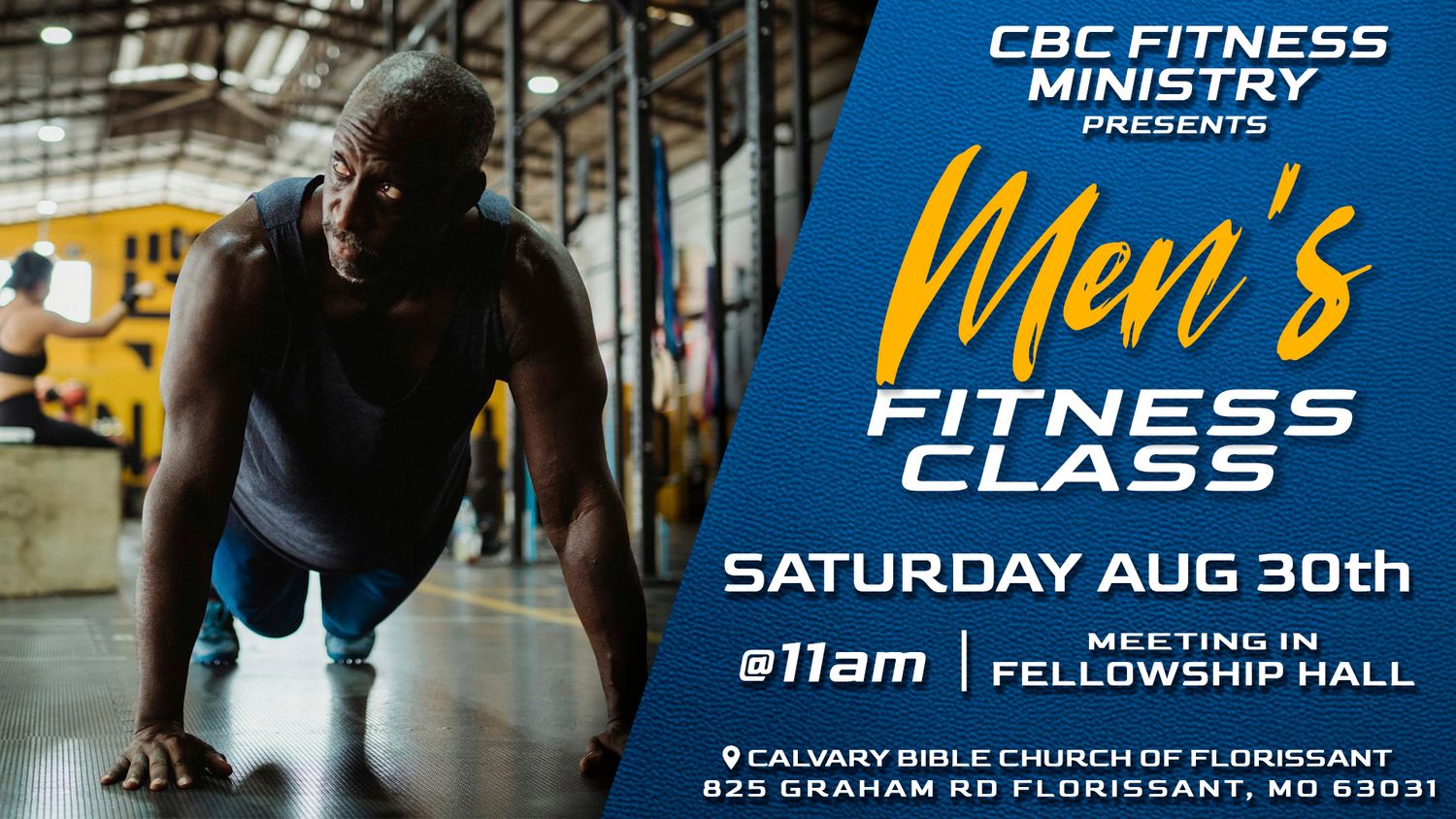 Church fitness ministry promotional banner featuring workout silhouettes and event details.