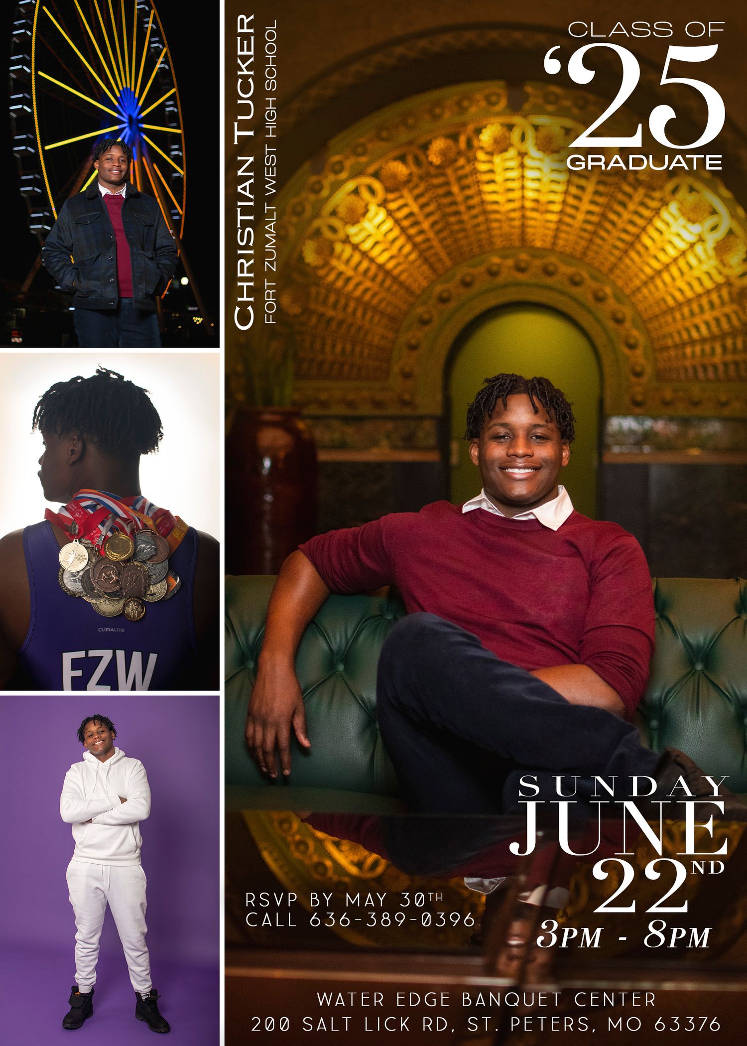 Class of 2022 graduation celebration event poster with gold and purple color scheme.