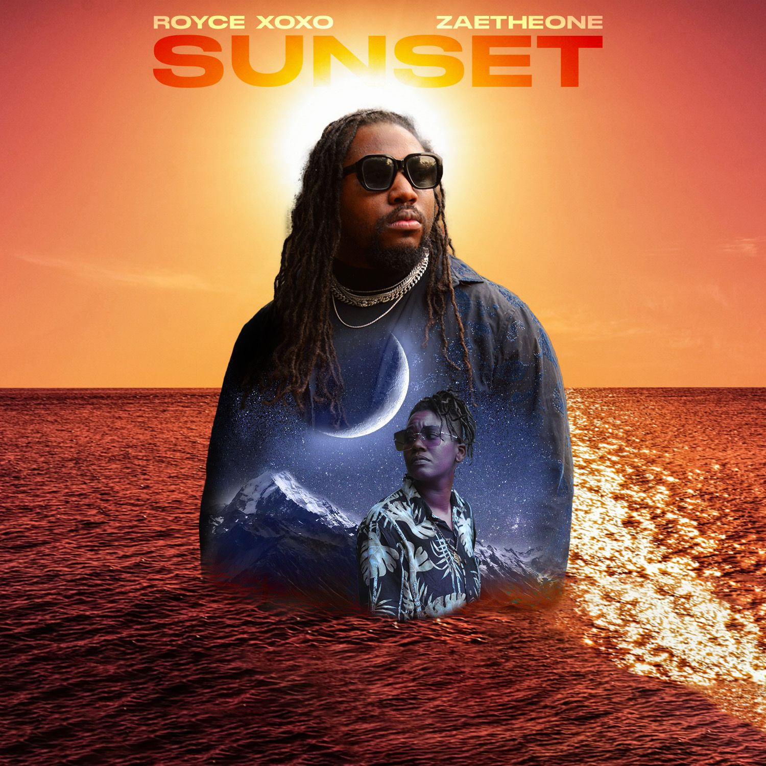 Sunset ocean scene with artistic portrait overlay for album artwork.