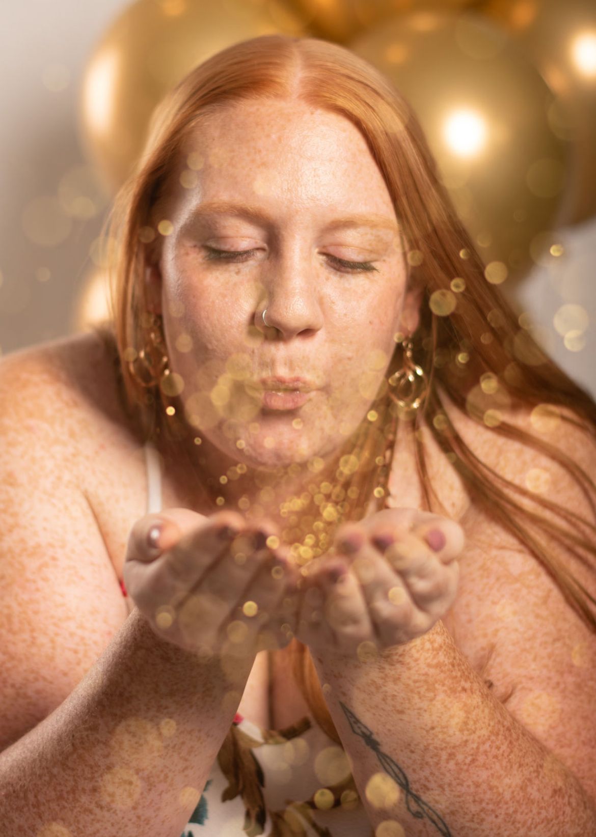 A series of photos showing glitter being blown from cupped hands creating a magical sparkling effect against a warm background.