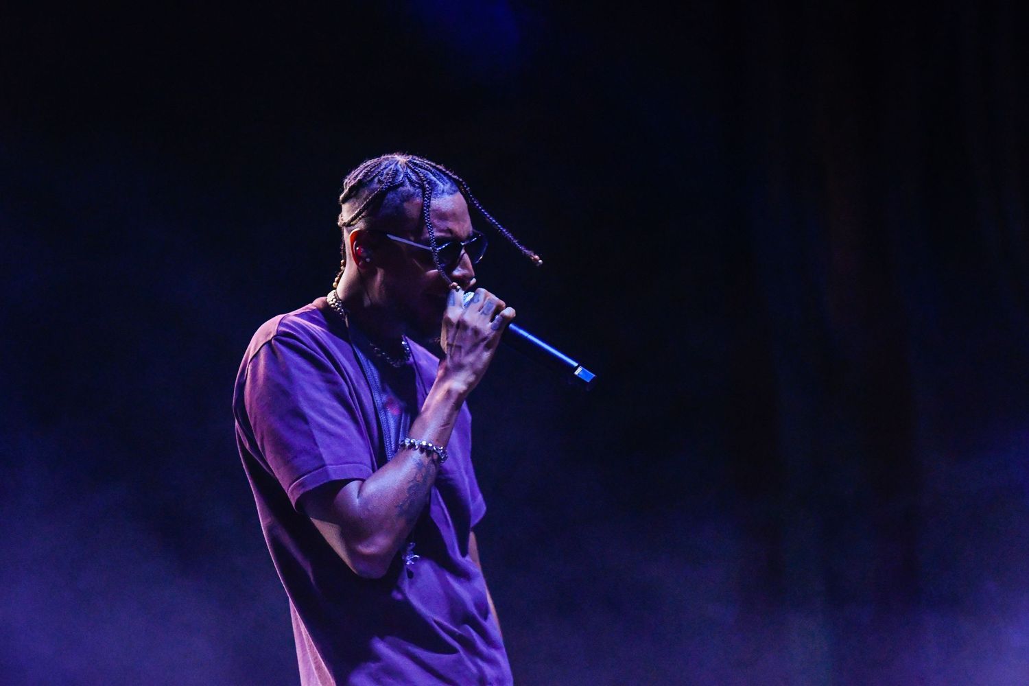 A performer sings on stage bathed in dramatic purple lighting during a live concert performance.