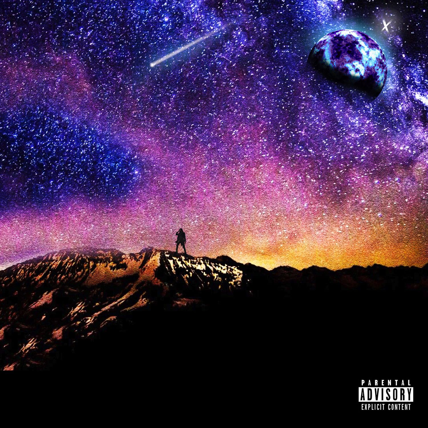 Starry night sky landscape with mountain silhouettes and purple-pink aurora colors.