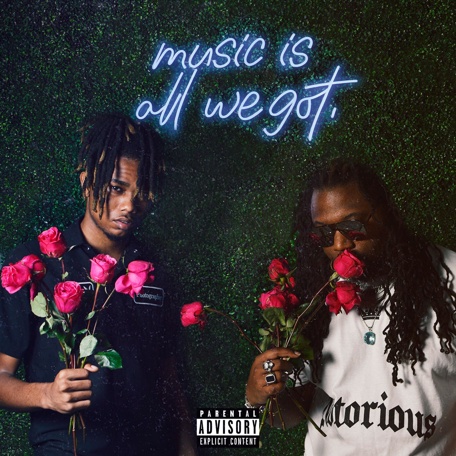 Album cover with neon blue text and red roses against dark background.