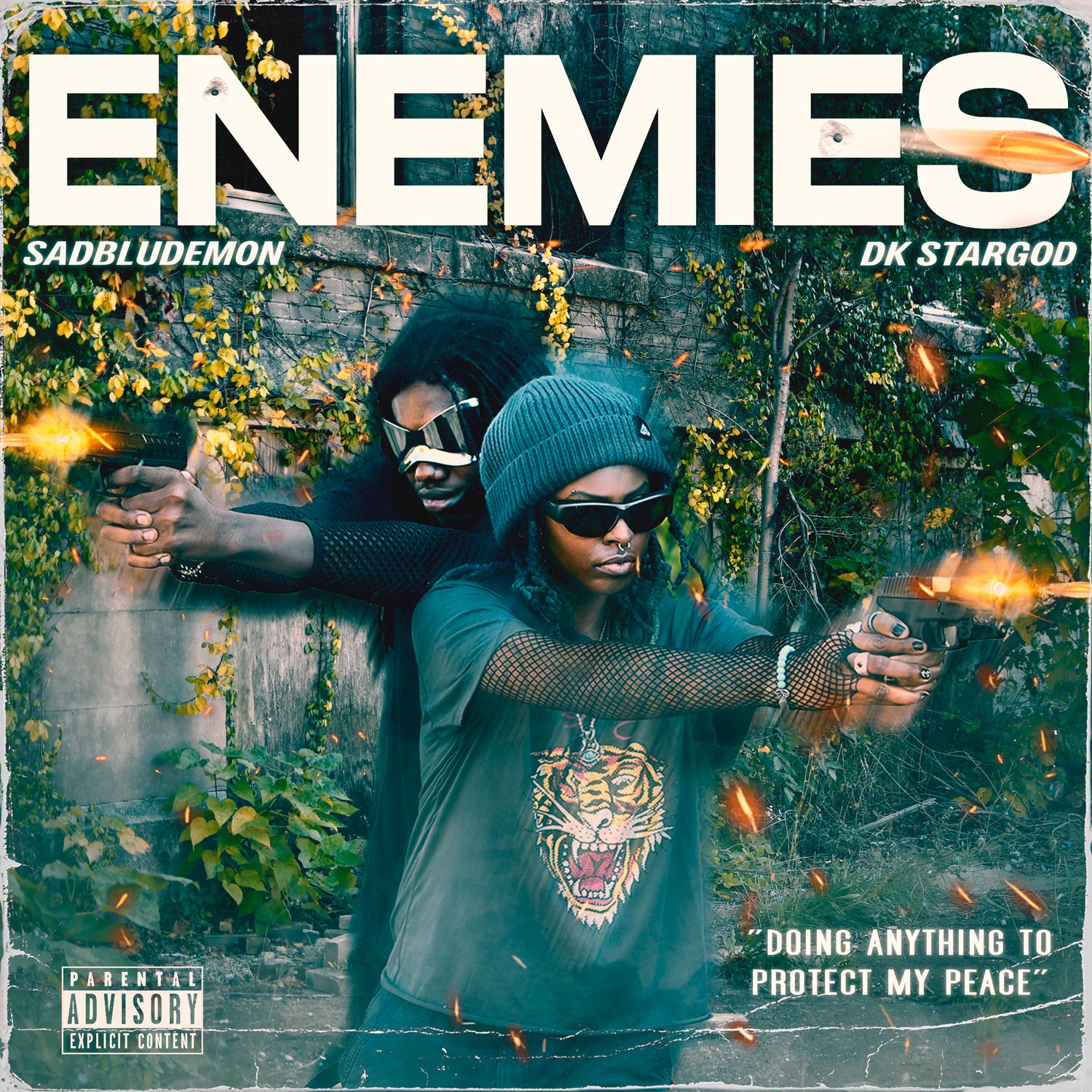 Dark album cover showing figures in a forest with weapons and the word 'ENEMIES' overlaid in dramatic typography.