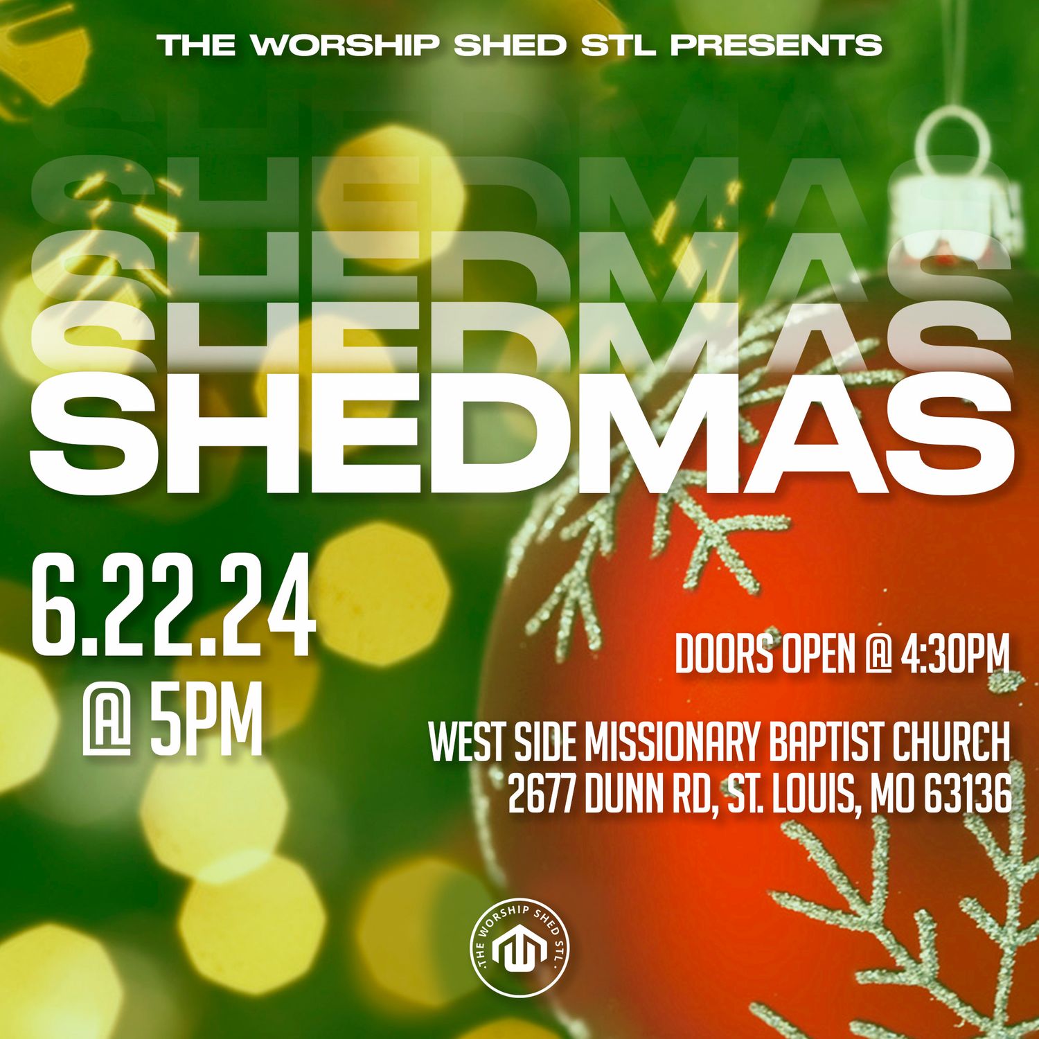 Holiday themed church event banner for The Worship Shed with green and red gradient background.