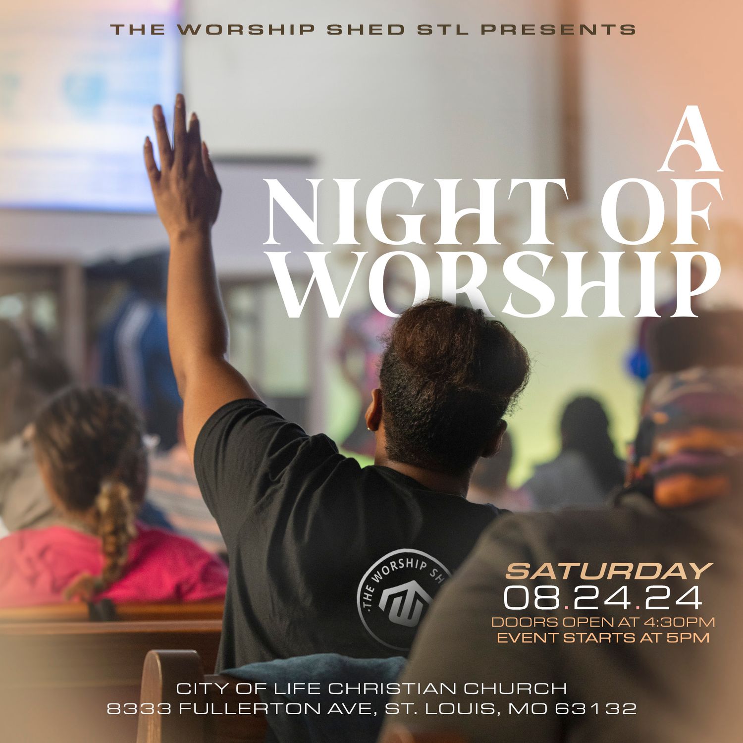 Worship event banner showing raised hands in silhouette against stage lighting.