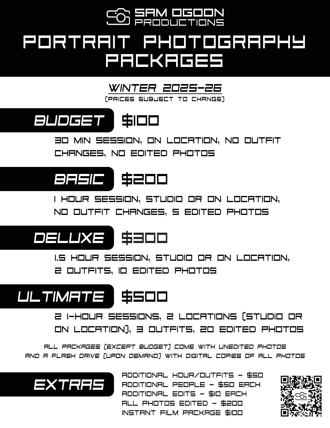 Photography pricing menu board displaying different portrait session packages and rates in white text on dark background.