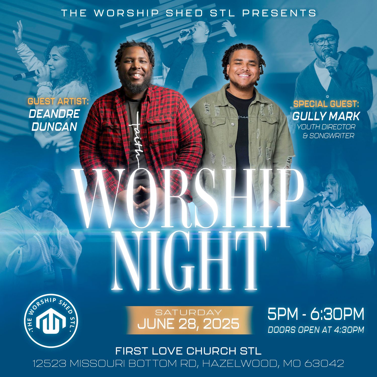 Worship night promotional banner with blue gradient design and event timing information.