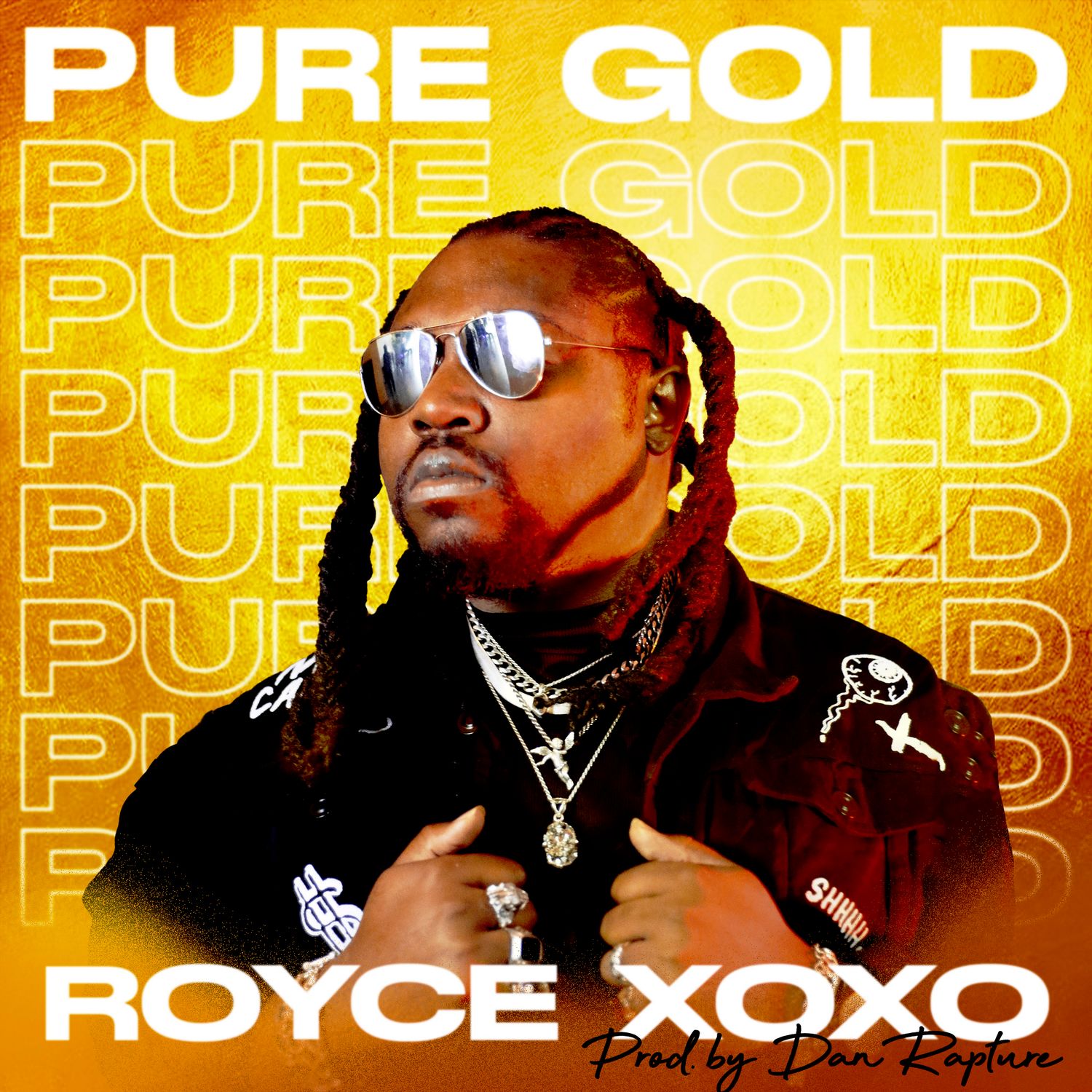 Bright yellow and orange gradient text design with 'PURE GOLD' typography.