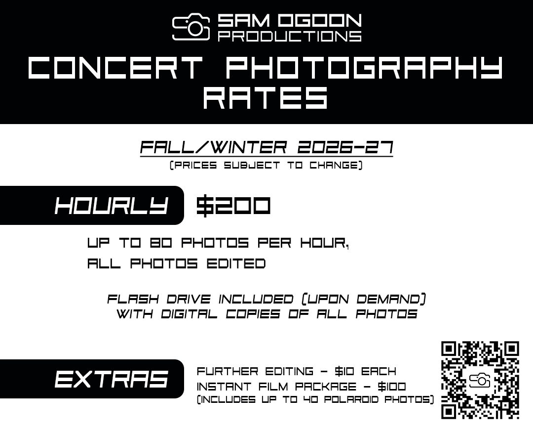 Sam Ogdon Productions concert photography rates flyer showing $200/hour pricing for Fall/Winter 2026-27 season.