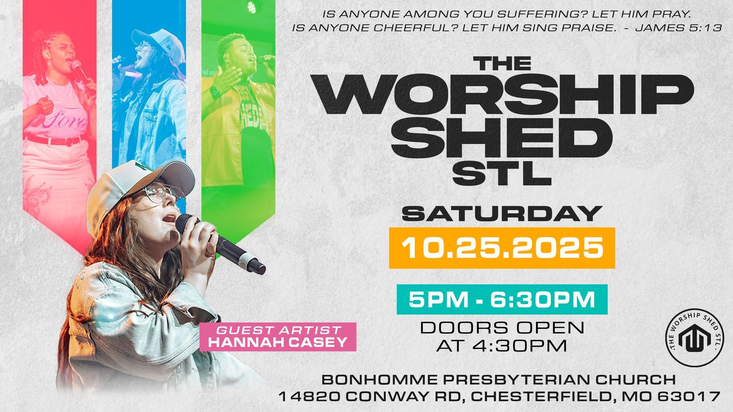 A colorful banner promoting a worship event with pink, blue and green sections displaying event details and times.