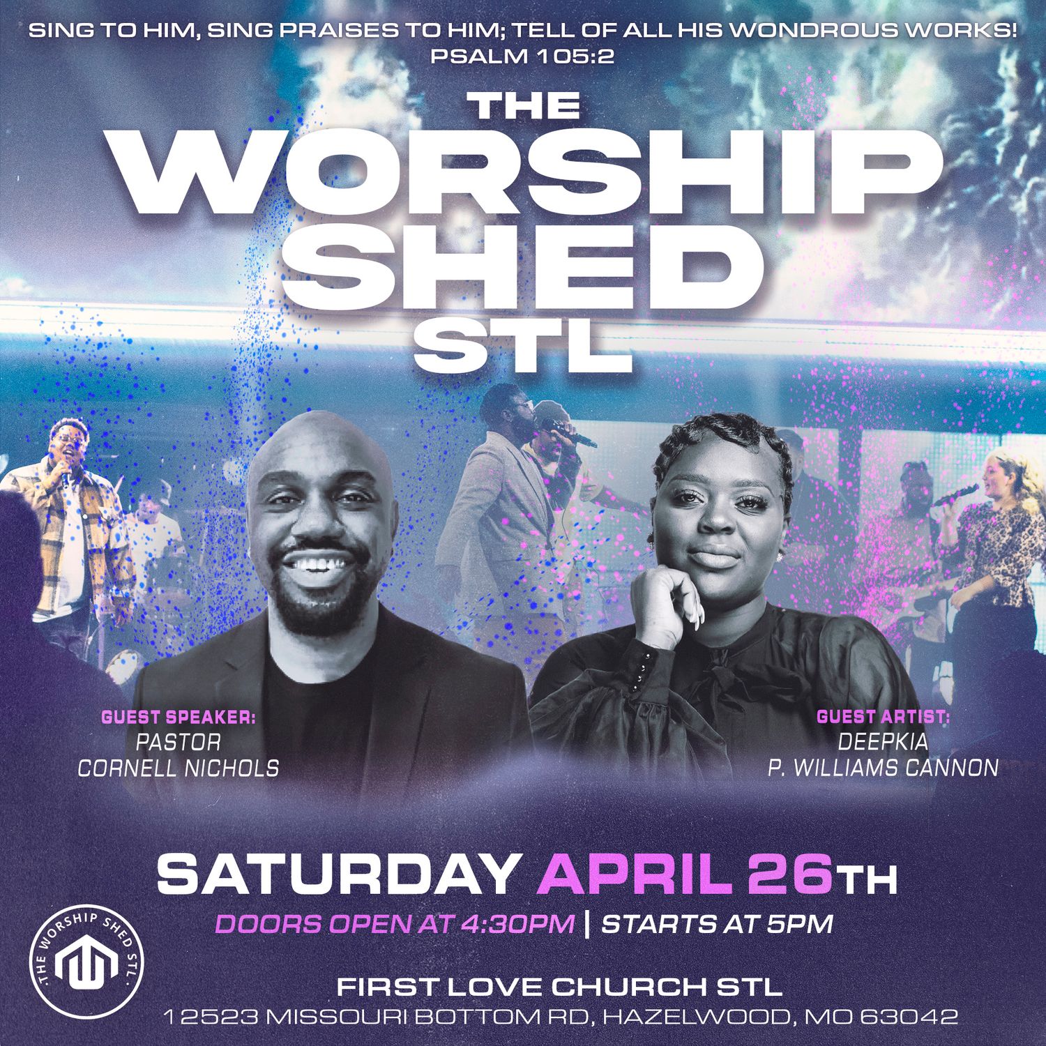 Religious worship event flyer with blue tones and service details.