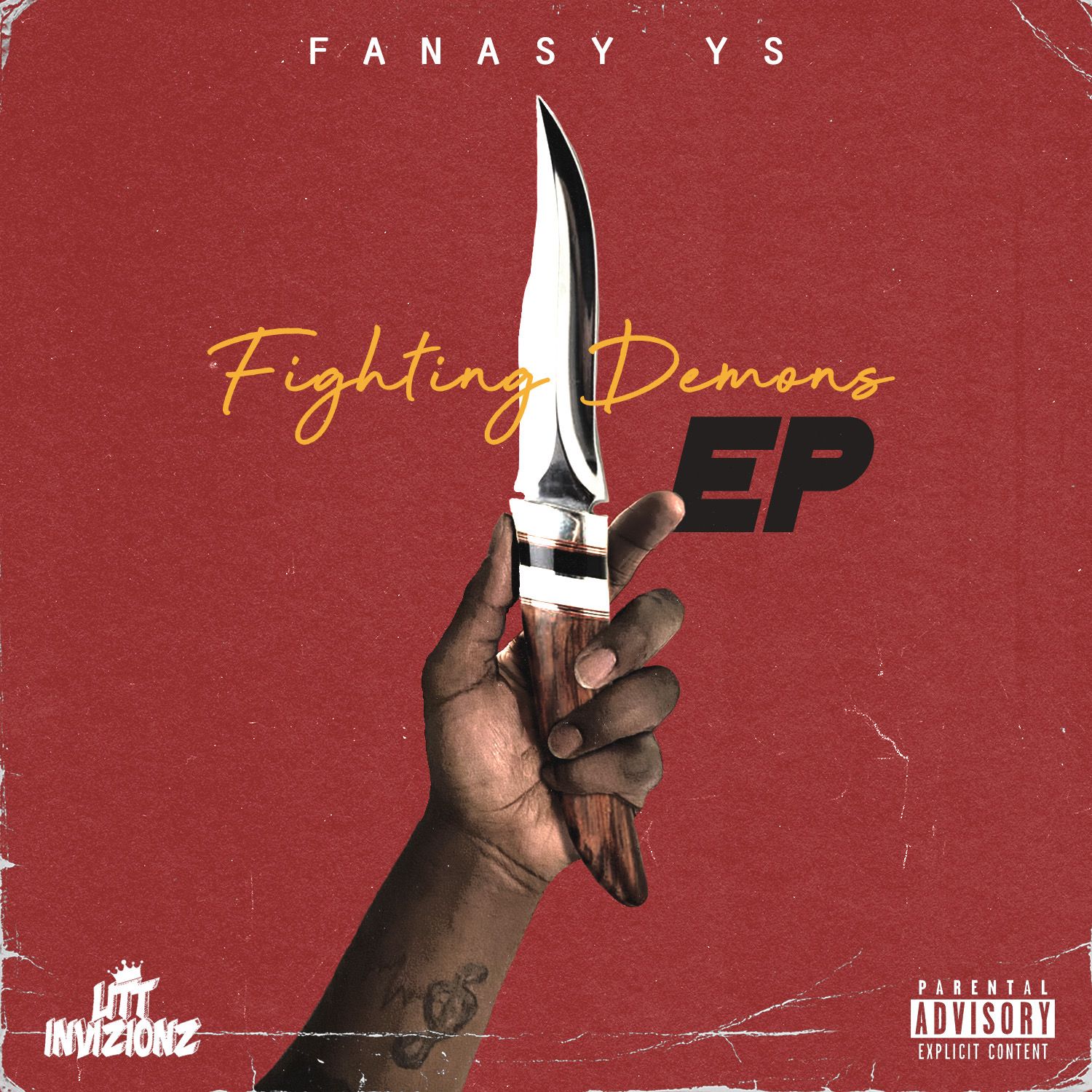 Red album cover with hand holding knife and 'Fighting Demons EP' text.