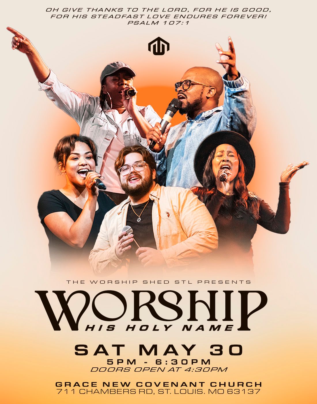 Worship His Holy Name event flyer for The Worship Shed STL at Grace New Covenant Church, St. Louis, MO on May 30.