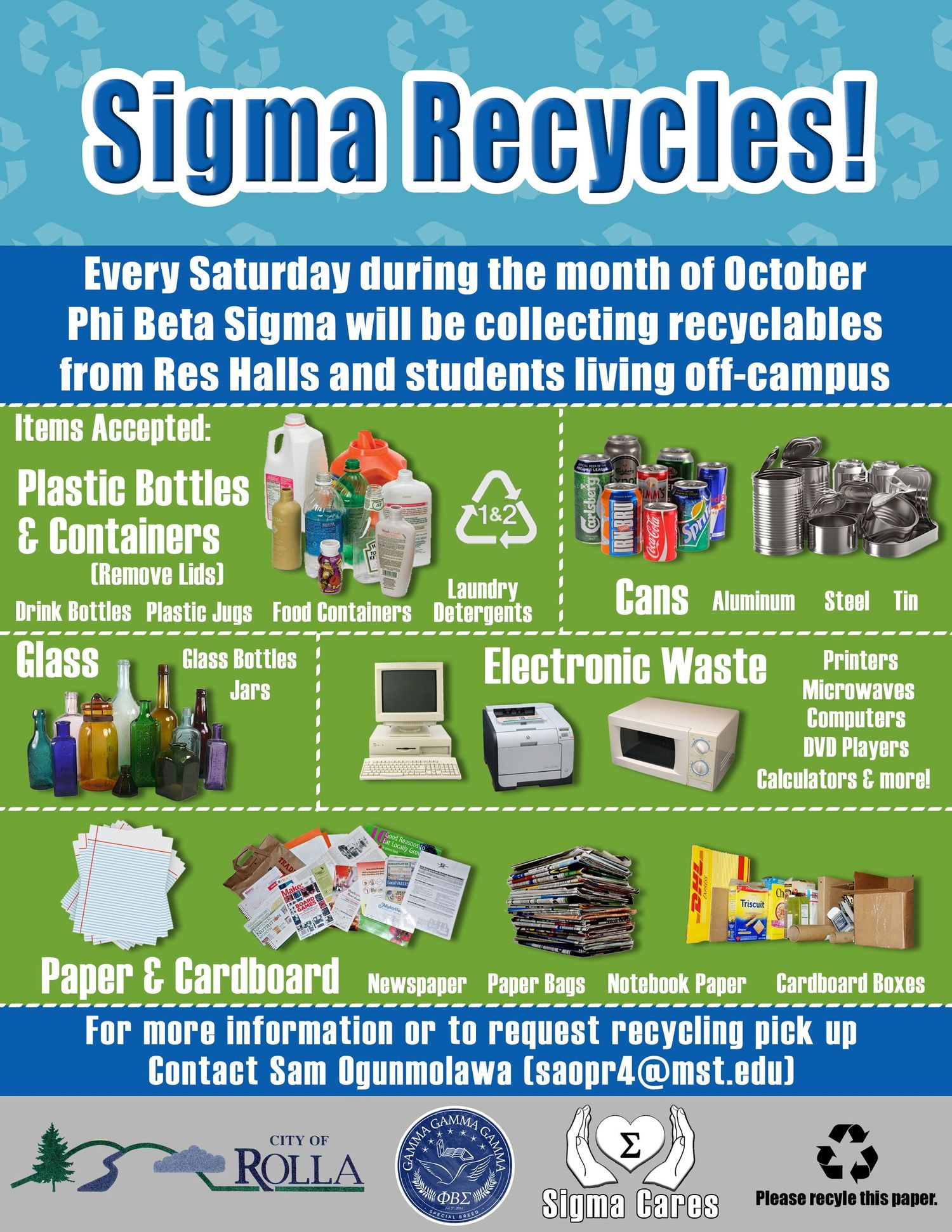 Sigma Recycles program banner showing different recyclable items and collection schedule.
