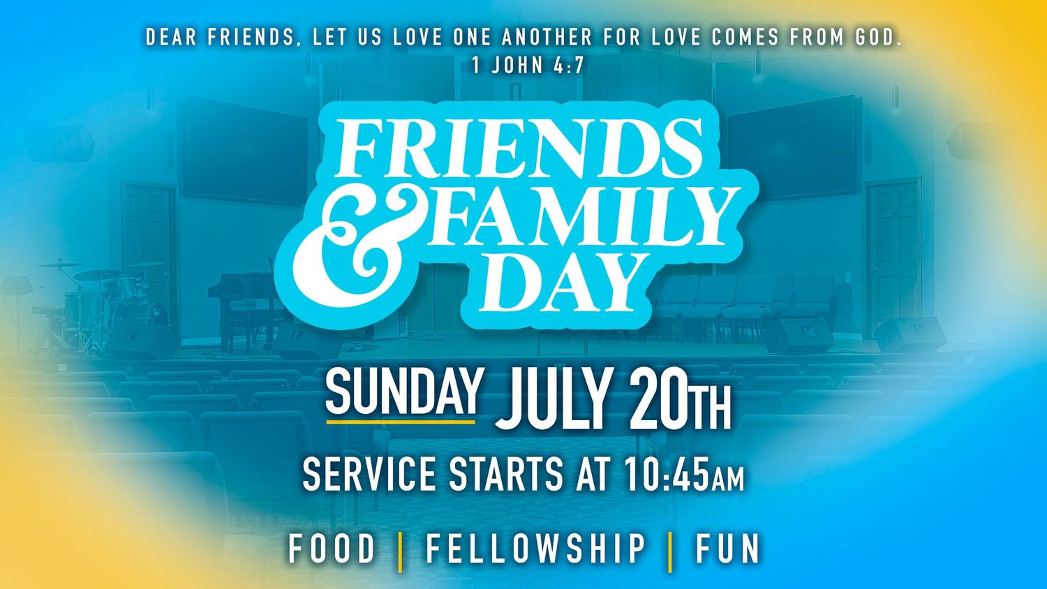 Blue themed church fellowship event banner with text about food and community gathering.