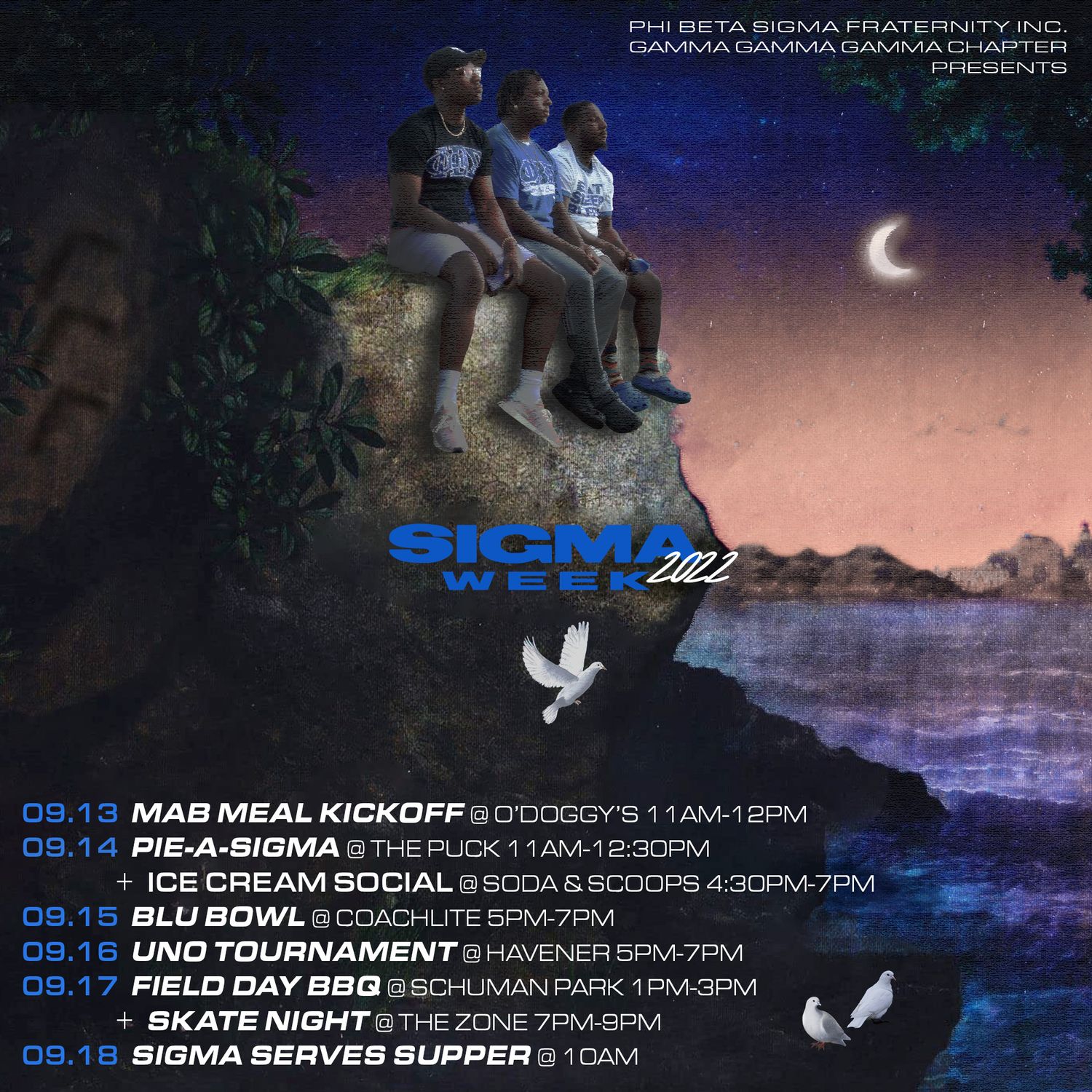 Blue-tinted event poster series for Sigma Week featuring outdoor activities and schedule.