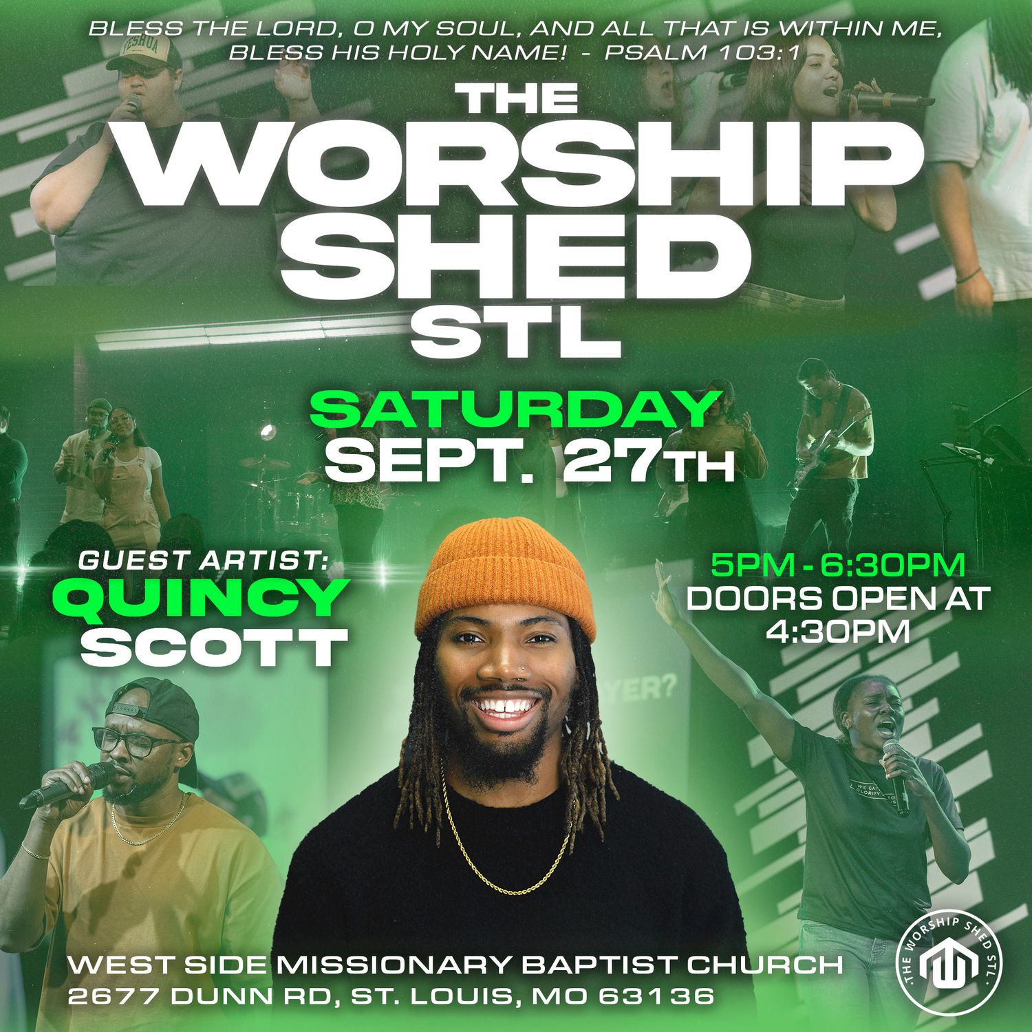 Church worship event poster featuring green background and musical performance details.