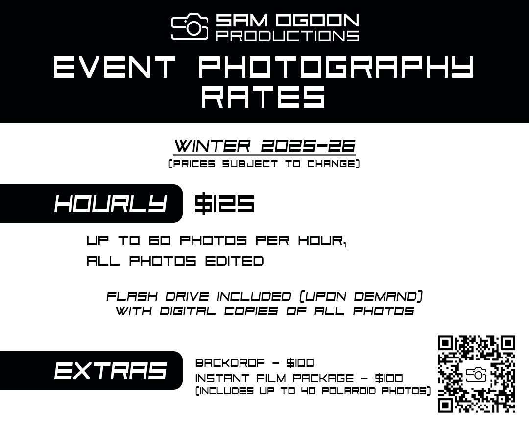 Professional photography pricing menu board displaying event packages, hourly rates and extras against a black background.