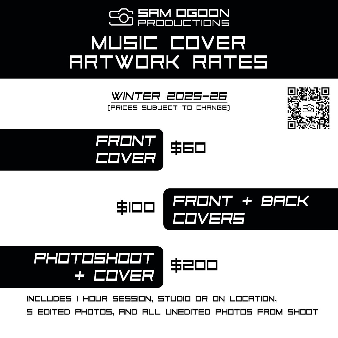 Black and white photography pricing menu showing packages and rates for music cover and artwork photoshoots.