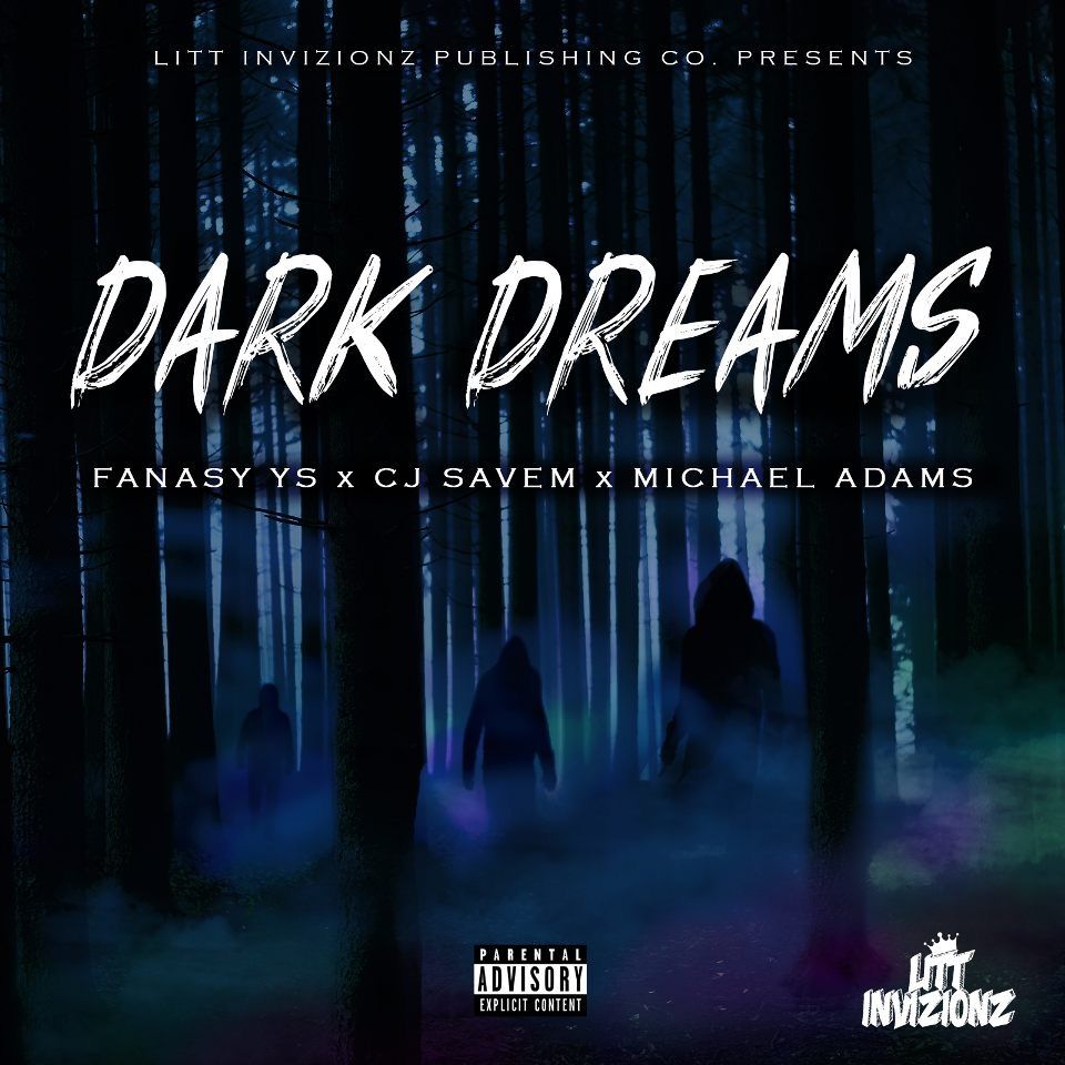 Moody dark forest scene album cover with blue lighting and 'DARK DREAMS' text overlay.