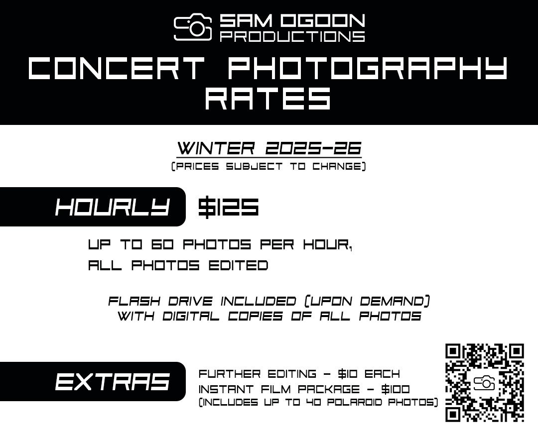 Concert photography pricing and packages banner with black background showing rates and services for event photography.