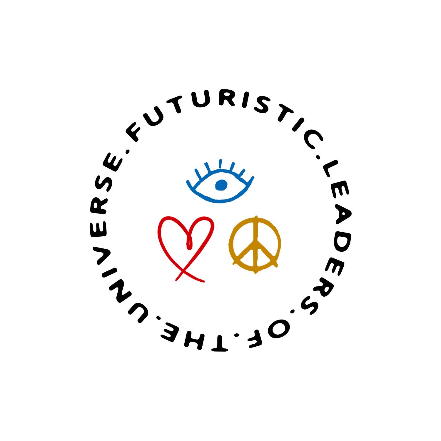 Circular logo design featuring symbols and text arranged in a minimalist style.