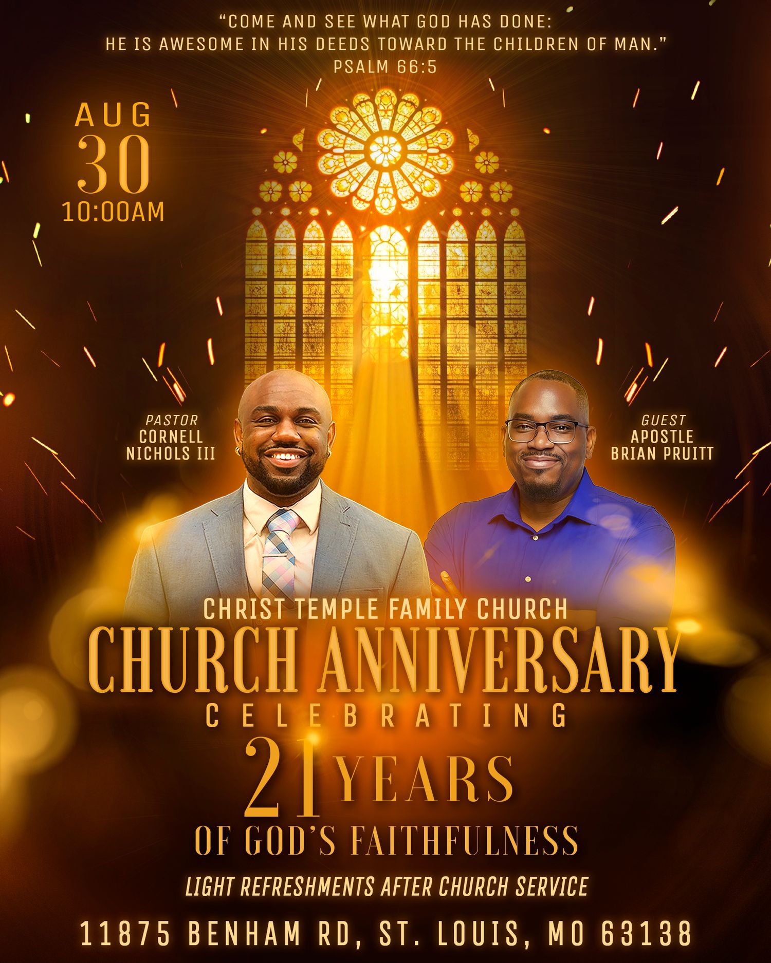 Christ Temple Family Church 21st anniversary flyer featuring Pastor Cornell Nichols III and Guest Apostle Brian Pruitt, Aug 30 at 10AM.