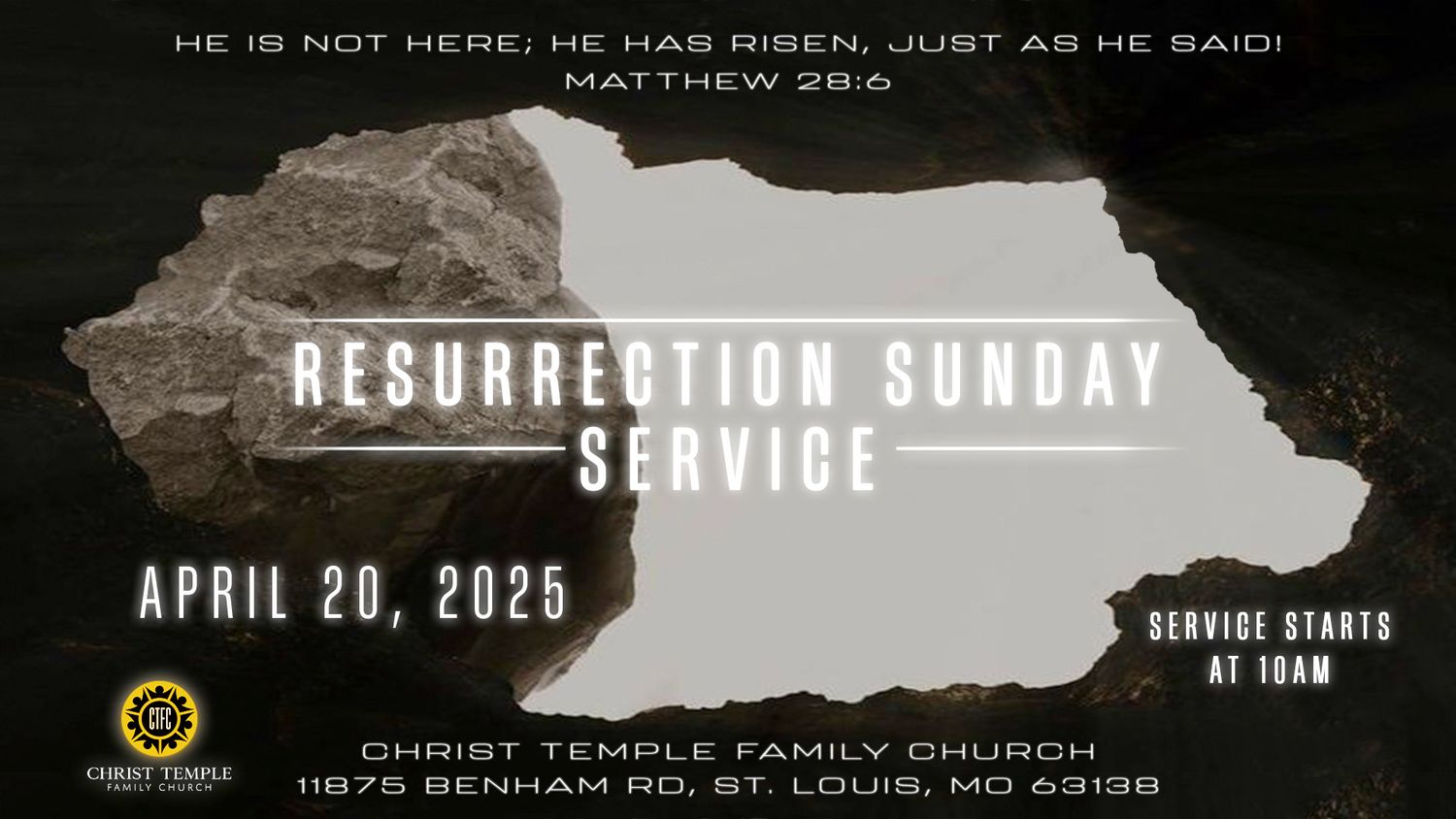 Easter resurrection service announcement with dark stone texture background.