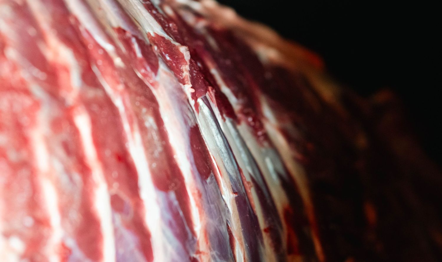 Close-up of raw meat showing marbled texture and fat distribution.