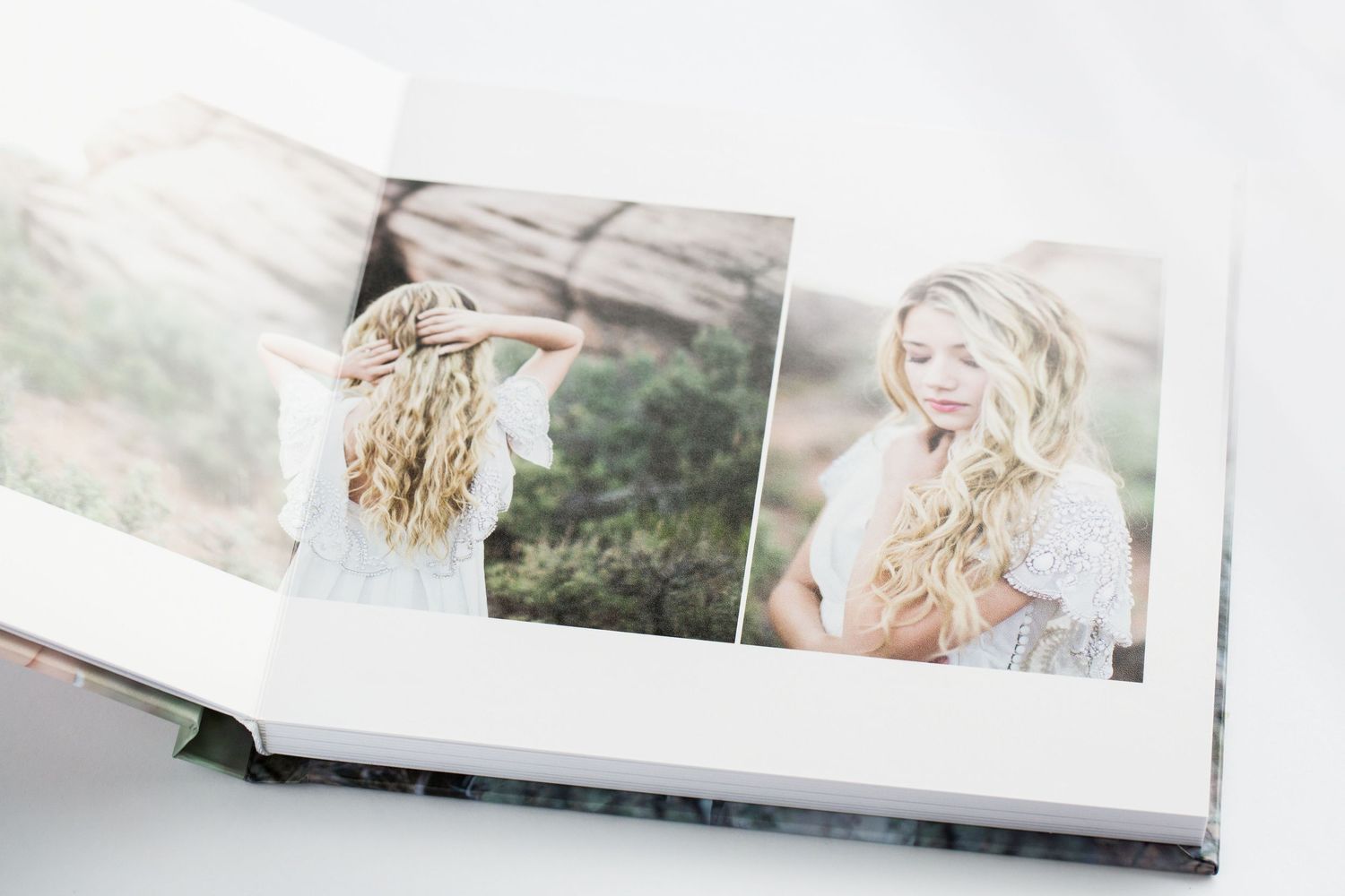 Light and airy professional wedding photo album layouts featuring soft neutral tones and romantic design elements.