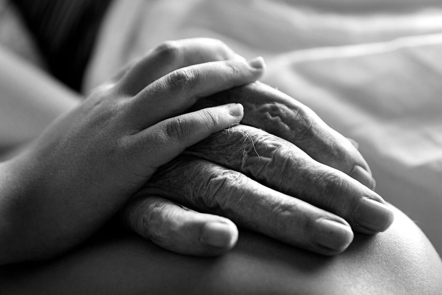 Black and white photo of young and elderly hands clasped together, symbolizing care and intergenerational connection.